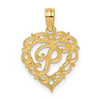 14k Yellow Gold Heart Pendant with Script Letter P and Filigree Scrollwork Design
