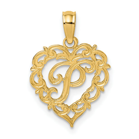 14k Yellow Gold Heart Pendant with Script Letter P and Filigree Scrollwork Design