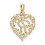 14k Yellow Gold Heart Pendant with Script Letter R, Openwork Filigree Initial Charm