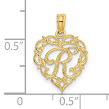 14k Yellow Gold Heart Pendant with Script Letter R, Openwork Filigree Initial Charm