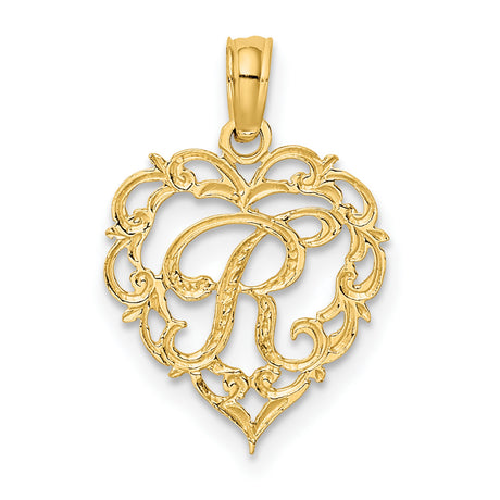 14k Yellow Gold Heart Pendant with Script Letter R, Openwork Filigree Initial Charm