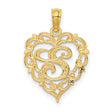 14k Yellow Gold Heart Pendant with Script Letter S and Ornate Scrollwork Design