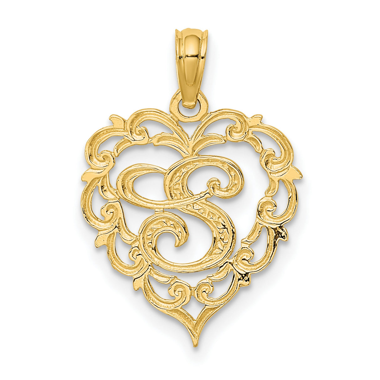 14k Yellow Gold Heart Pendant with Script Letter S and Ornate Scrollwork Design