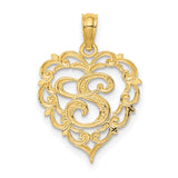 14k Yellow Gold Heart Pendant with Script Letter S and Ornate Scrollwork Design