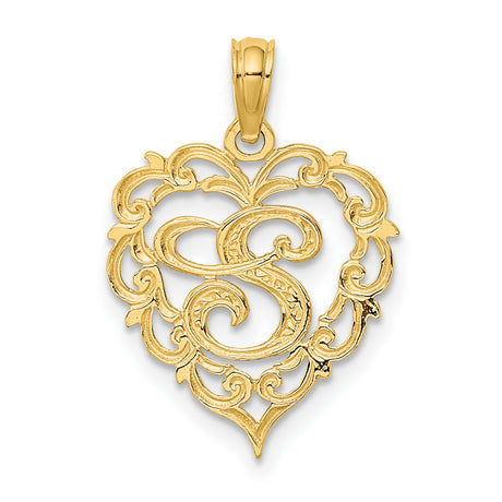 14k Yellow Gold Heart Pendant with Script Letter S and Ornate Scrollwork Design