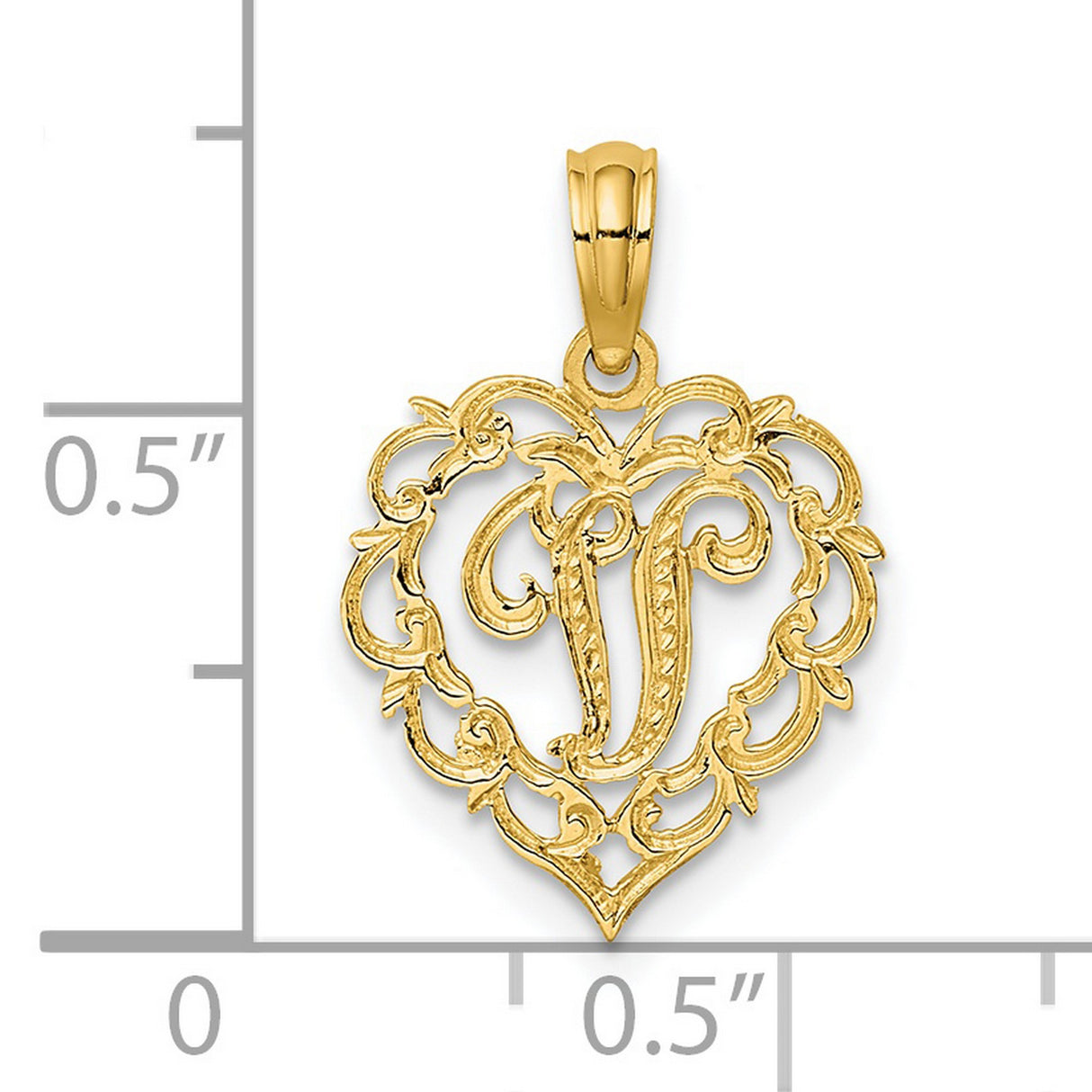 14k Yellow Gold Heart Shaped Letter J Pendant, Filigree Script Monogram Charm for Women
