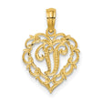 14k Yellow Gold Heart Shaped Letter J Pendant, Filigree Script Monogram Charm for Women
