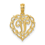 14k Yellow Gold Heart Shaped Letter J Pendant, Filigree Script Monogram Charm for Women