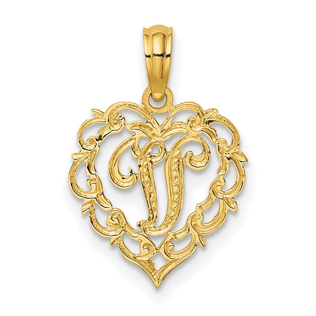 14k Yellow Gold Heart Shaped Letter J Pendant, Filigree Script Monogram Charm for Women