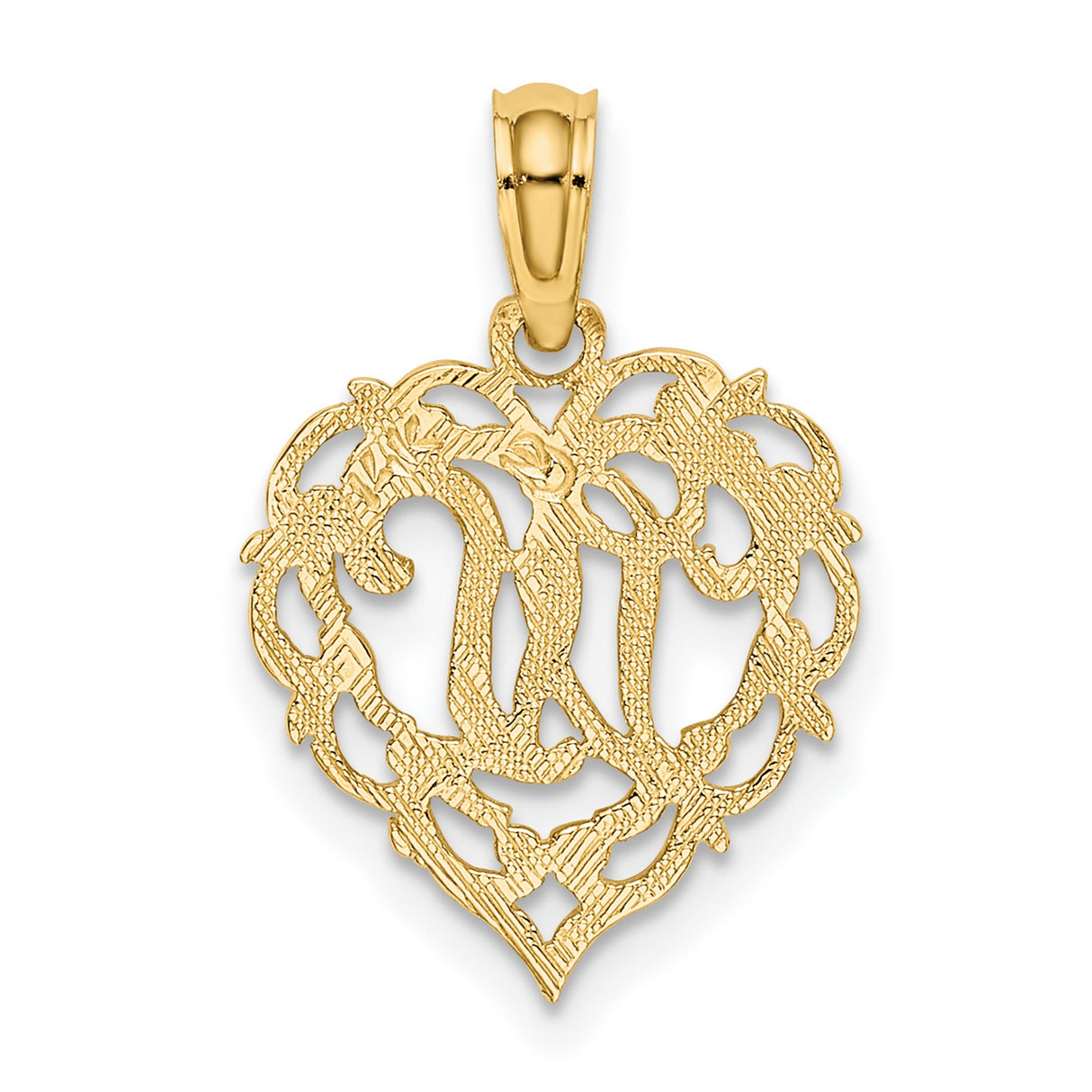 14k Yellow Gold Heart Pendant with Script M Monogram, Filigree Letter Charm for Women