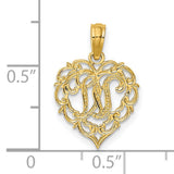 14k Yellow Gold Heart Pendant with Script M Monogram, Filigree Letter Charm for Women