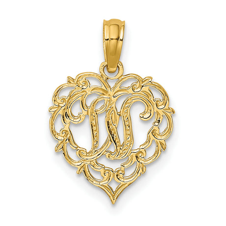 14k Yellow Gold Heart Pendant with Script M Monogram, Filigree Letter Charm for Women