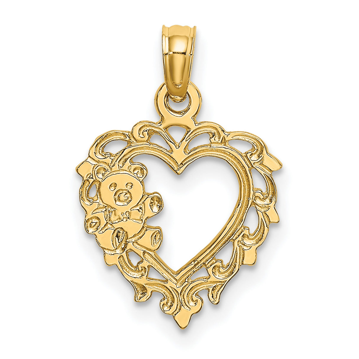 14k Yellow Gold Pendant with Openwork Heart and Teddy Bear Design for Women