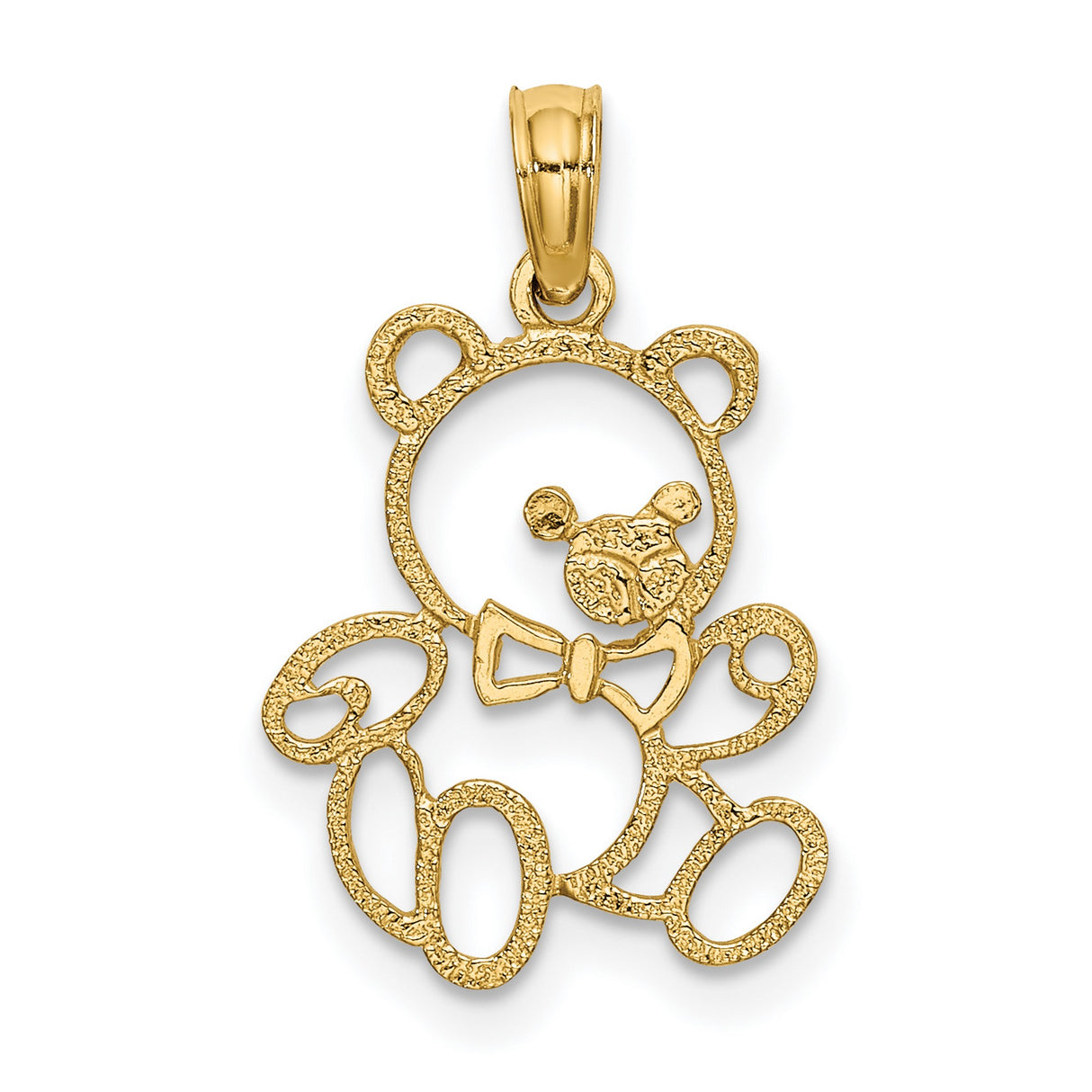 14k Yellow Gold Teddy Bear Pendant with Bow Tie, Openwork and Textured Detailing