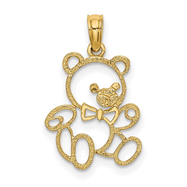 14k Yellow Gold Teddy Bear Pendant with Bow Tie, Openwork and Textured Detailing