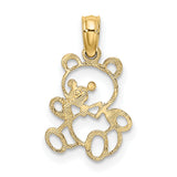 14k Yellow Gold Teddy Bear Pendant with Bow Tie, Textured Charm for Women or Girls