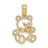 14k Yellow Gold Teddy Bear Pendant with Bow Tie, Textured Charm for Women or Girls