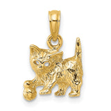 Cat with Ball Charm Pendant in Real 14k Yellow Gold