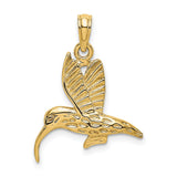 14k Yellow Gold Hummingbird Pendant with Textured Wings, Flying Bird Nature Charm