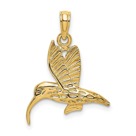 14k Yellow Gold Hummingbird Pendant with Textured Wings, Flying Bird Nature Charm