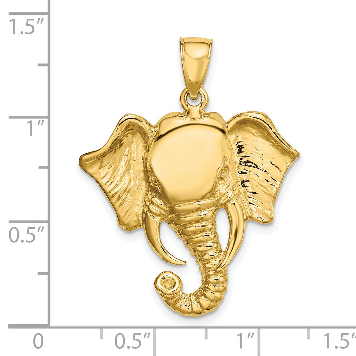 14k Yellow Gold Elephant Head Pendant with Curled Trunk and Detailed Ears