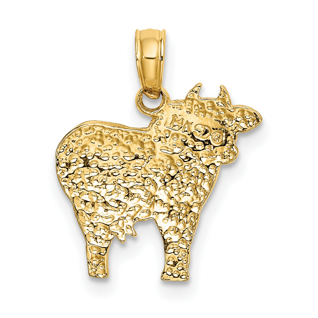 14k Yellow Gold Cow Pendant with Textured Spots and Floral Cartoon Style Details