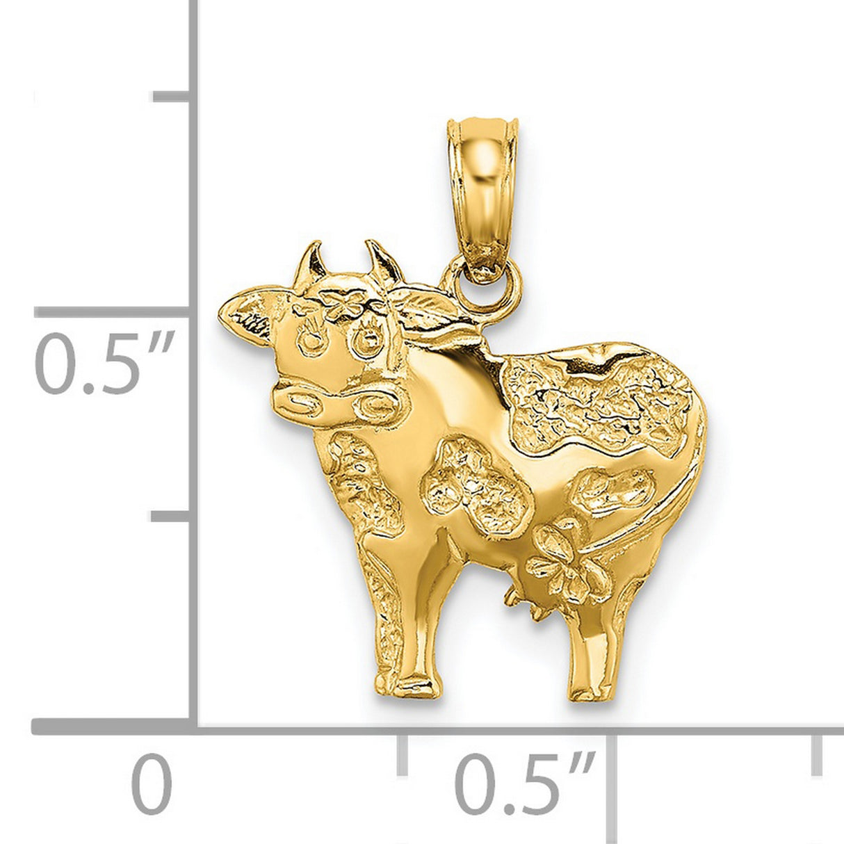 14k Yellow Gold Cow Pendant with Textured Spots and Floral Cartoon Style Details