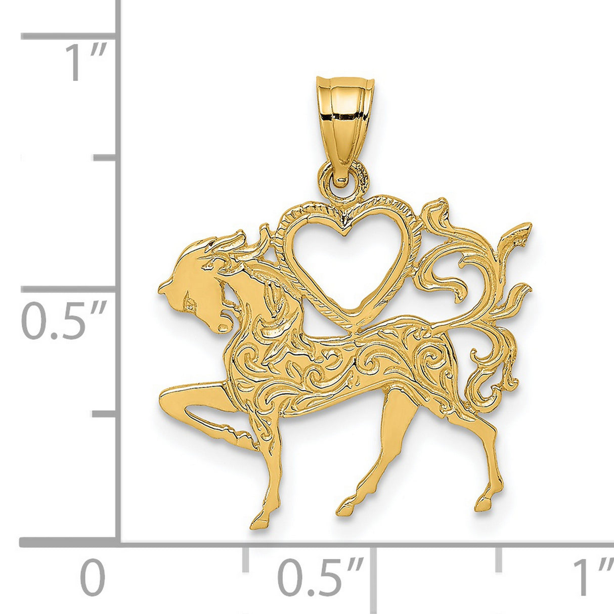 14k Yellow Gold Horse Pendant with Scroll Detailing and Heart Cutout, Western Style Charm