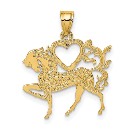14k Yellow Gold Horse Pendant with Scroll Detailing and Heart Cutout, Western Style Charm