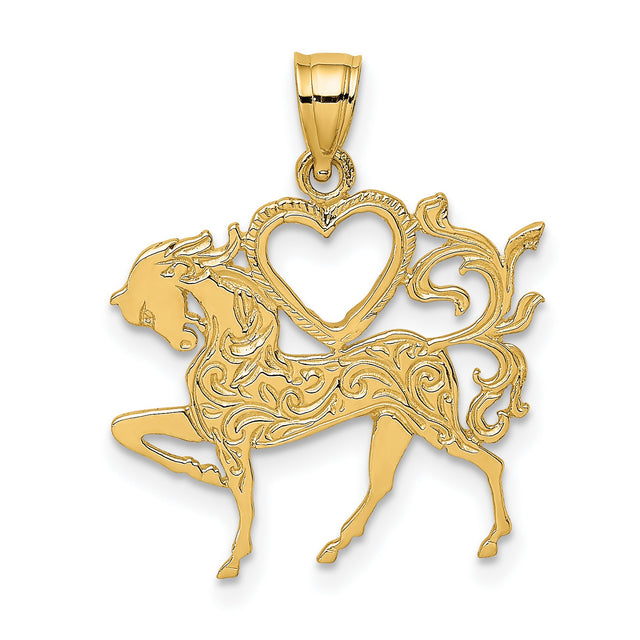 14k Yellow Gold Horse Pendant with Scroll Detailing and Heart Cutout, Western Style Charm