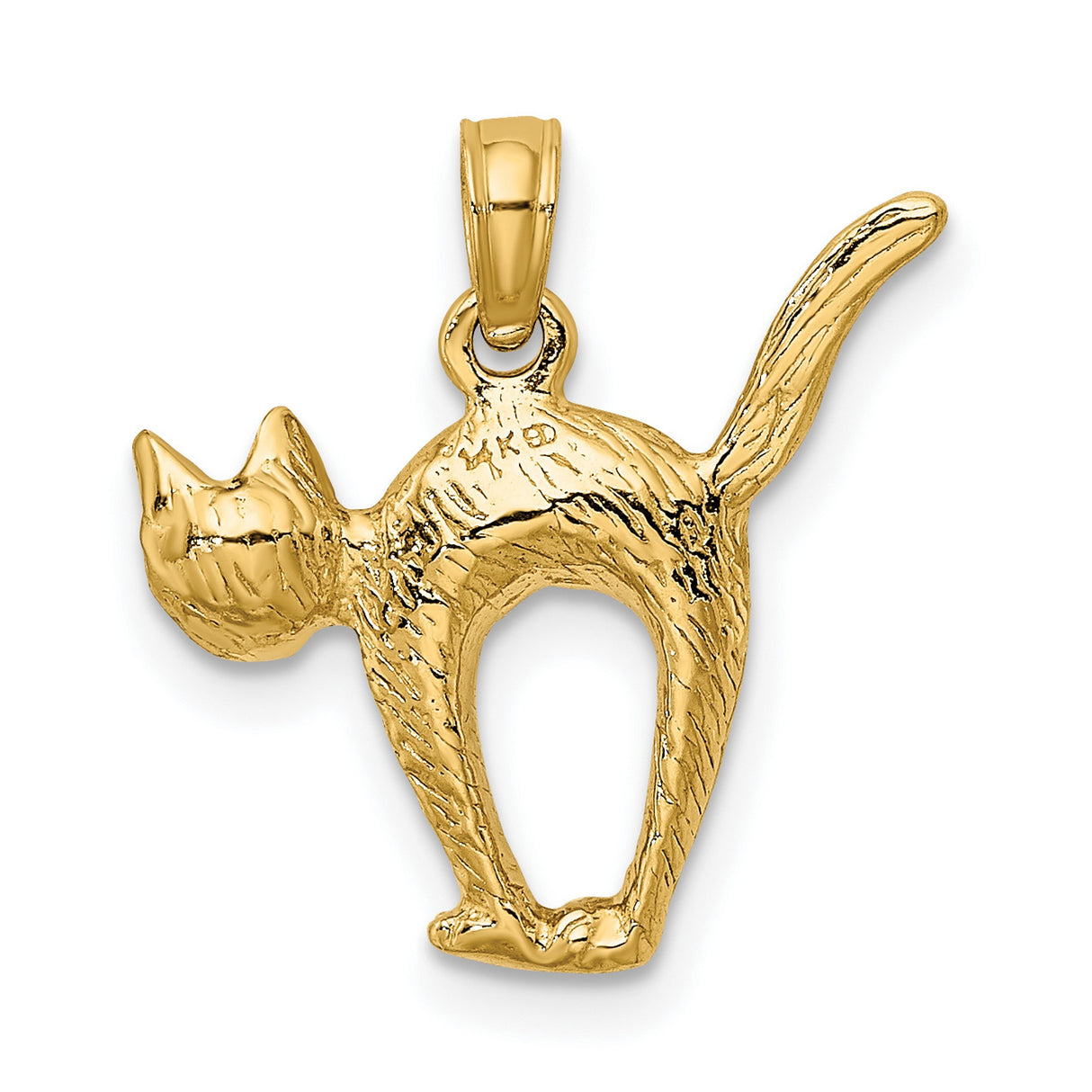 3-D Textured Arch Back and Raised Tail Cat Charm Pendant in Real 14k Yellow Gold