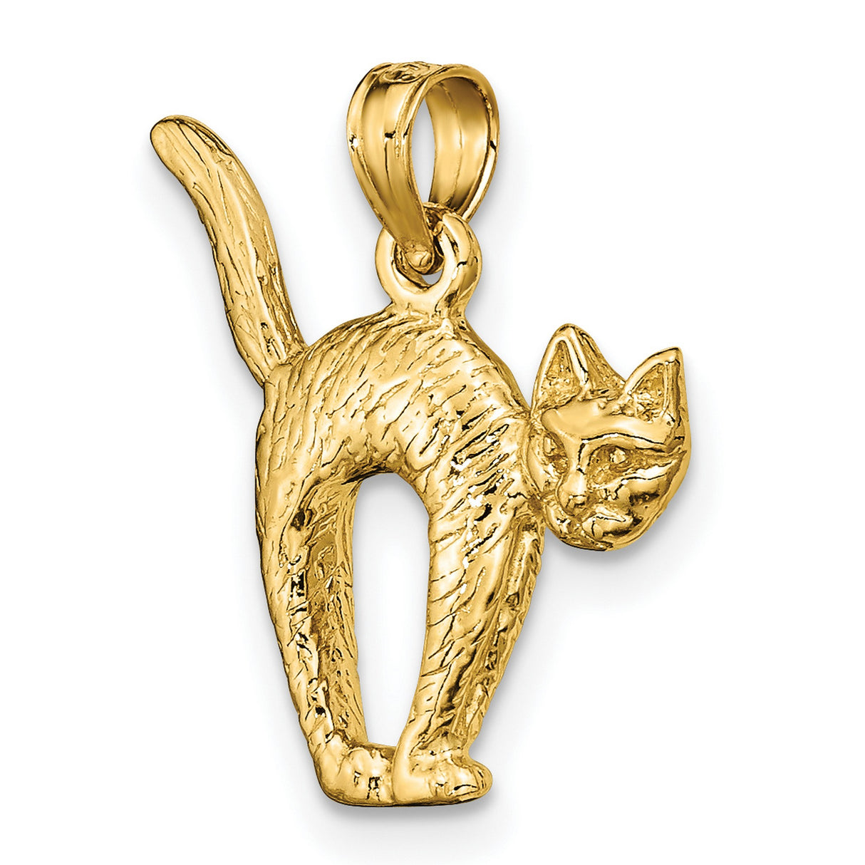 3-D Textured Arch Back and Raised Tail Cat Charm Pendant in Real 14k Yellow Gold