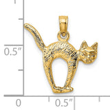 3-D Textured Arch Back and Raised Tail Cat Charm Pendant in Real 14k Yellow Gold