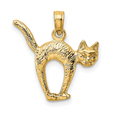 3-D Textured Arch Back and Raised Tail Cat Charm Pendant in Real 14k Yellow Gold