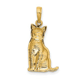 Textured Sitting Cat Charm Pendant in Real 14k Yellow Gold