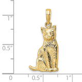 Textured Sitting Cat Charm Pendant in Real 14k Yellow Gold