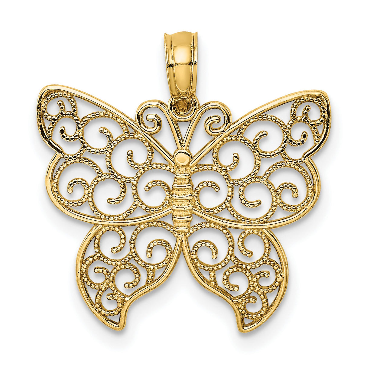 Beaded Filigree Small Butterfly Charm Pendant in Real 14k Yellow Gold