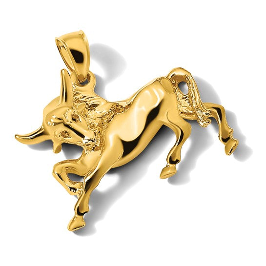14k Yellow Gold Bull Pendant, Muscular Charging Bull Symbol, Taurus Zodiac Talisman for Men or Unisex