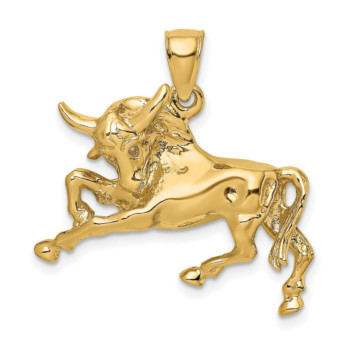 14k Yellow Gold Bull Pendant, Muscular Charging Bull Symbol, Taurus Zodiac Talisman for Men or Unisex