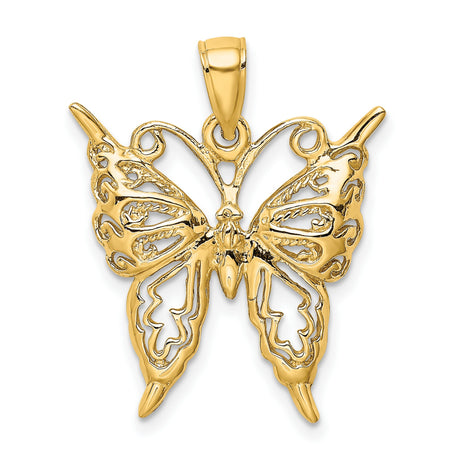 14k Yellow Gold Butterfly Pendant with Intricate Filigree Design for Women