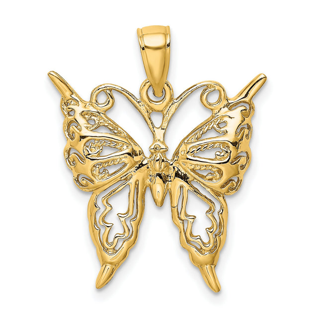 14k Yellow Gold Butterfly Pendant with Intricate Filigree Design for Women