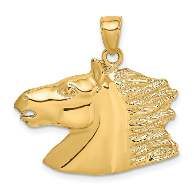 14k Yellow Gold Horse Head Pendant with Detailed Mane and Face, Equestrian Western Style