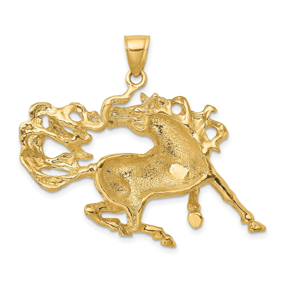 14k Yellow Gold Rearing Stallion Pendant with Flowing Mane, Equestrian Horse Charm