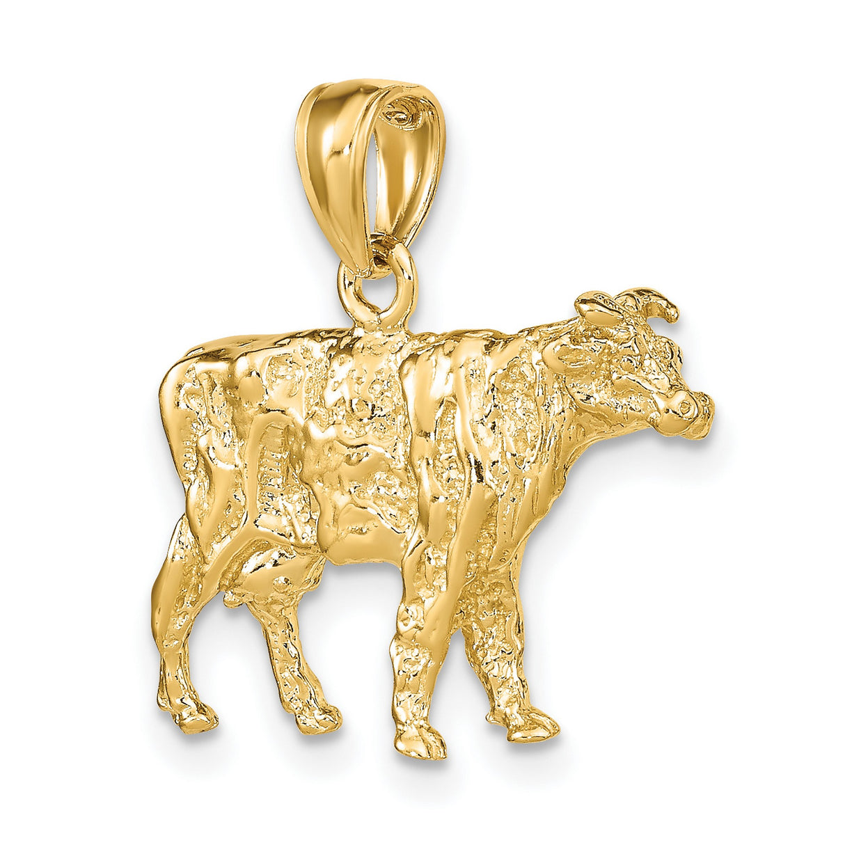 14k Yellow Gold Cow Pendant, Textured Livestock Charm, Western Ranch Style for Women or Unisex