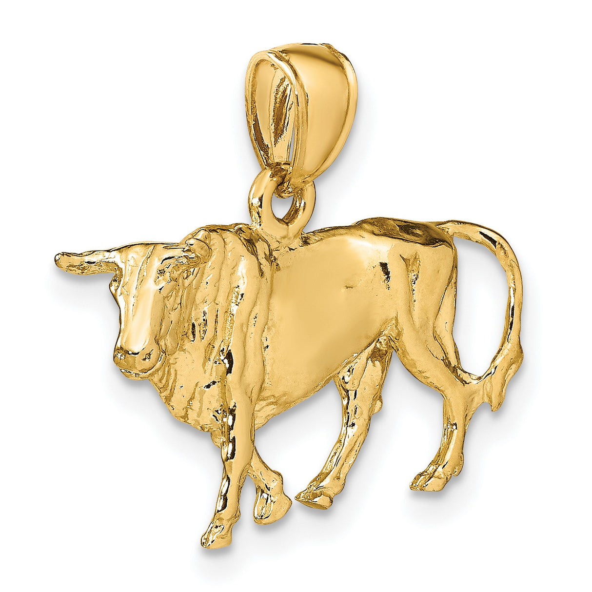 14k Yellow Gold Bull Pendant, Three Dimensional Taurus Charm for Men or Unisex Wear