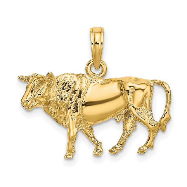 14k Yellow Gold Bull Pendant, Three Dimensional Taurus Charm for Men or Unisex Wear