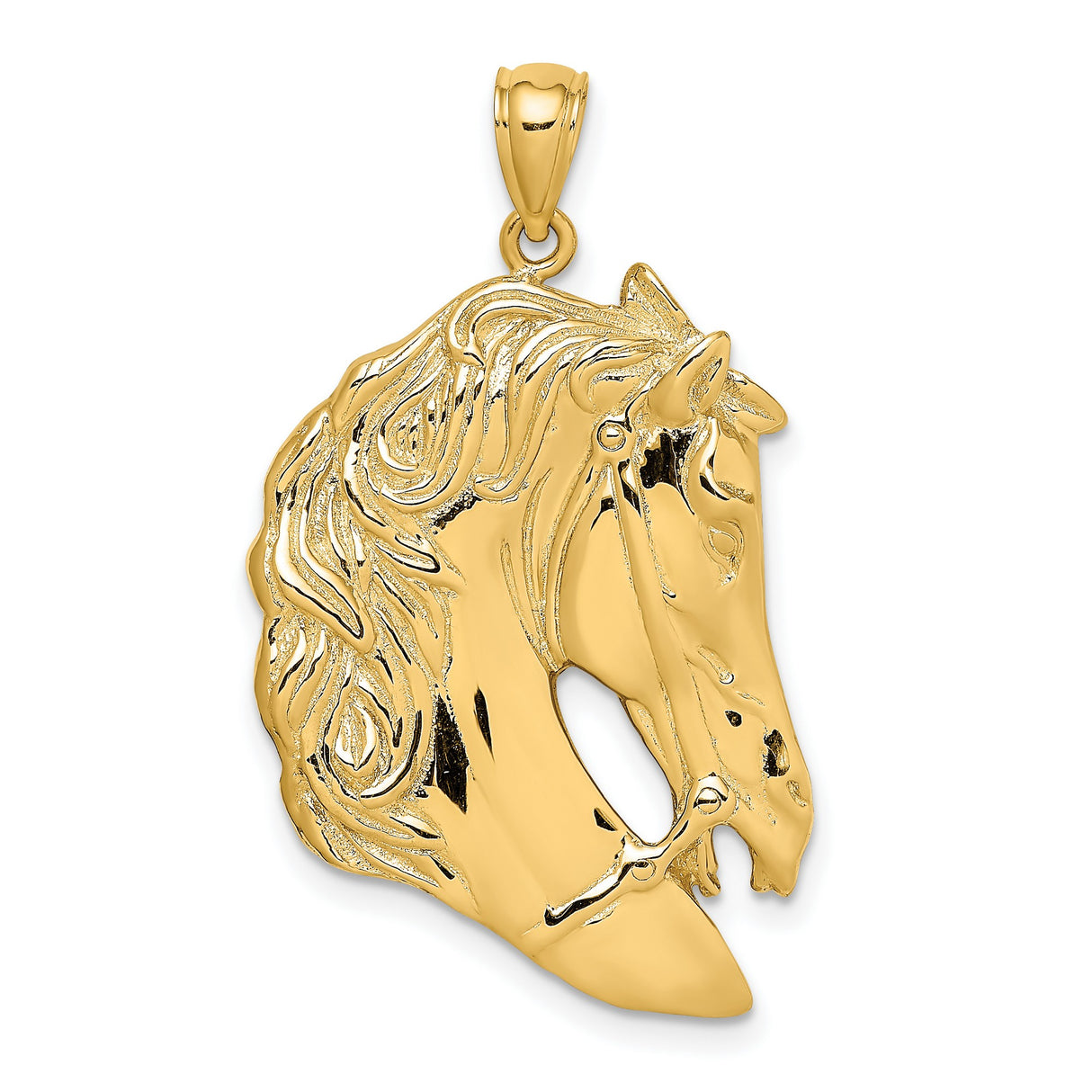 14k Yellow Gold Horse Head Pendant with Long Mane and Bridle Detail, Equestrian Style Charm