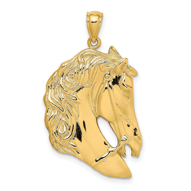14k Yellow Gold Horse Head Pendant with Long Mane and Bridle Detail, Equestrian Style Charm