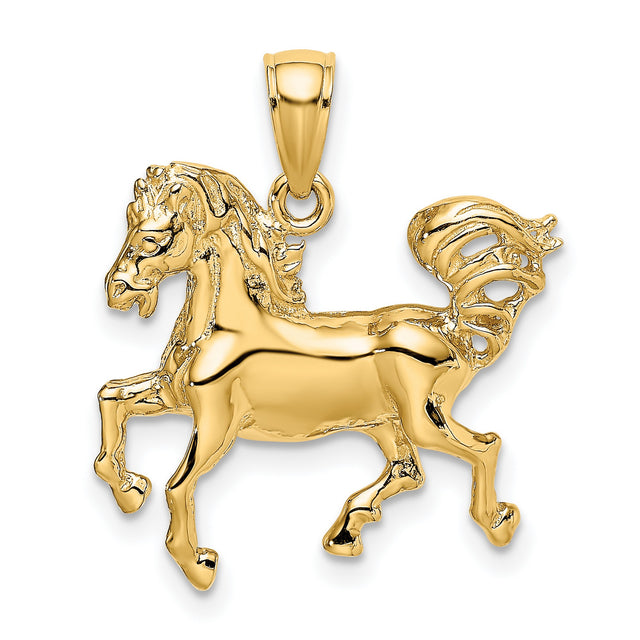 14k Yellow Gold Horse Pendant with Prancing Stallion Design, Equestrian Animal Charm for Women