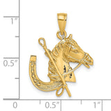 14k Yellow Gold Horse Head Pendant with Riding Crop and Horseshoe, Equestrian Charm